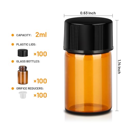 Teenitor 100Packs Essential Oil Bottles, Amber Glass Bottle, Essential Oil Bottle 2Ml Bottles, Small Oil Vial Sample Bottles 2ML 0.068OZ - size: 2ML