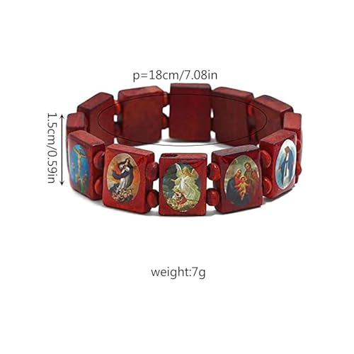 Fnjuucw 4pcs Wooden Jesus Bracelet Saints Rosary, Stretchable Wooden Small Panel Bracelet, with Images of Religious Saints Jesus Gift for Men & Women