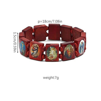 Fnjuucw 4pcs Wooden Jesus Bracelet Saints Rosary, Stretchable Wooden Small Panel Bracelet, with Images of Religious Saints Jesus Gift for Men & Women