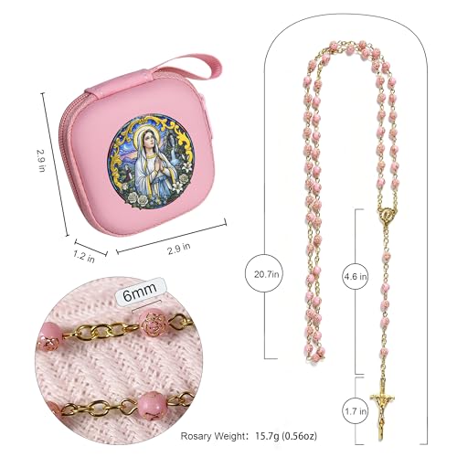 Handmade Rosary Beads for Women, Elegant Catholic Gifts for First Communion, Confirmation & Spiritual Prayer, Unique Beaded Rosary Necklace with Zippered Case - color: Pink - Our Lady of Lourdes