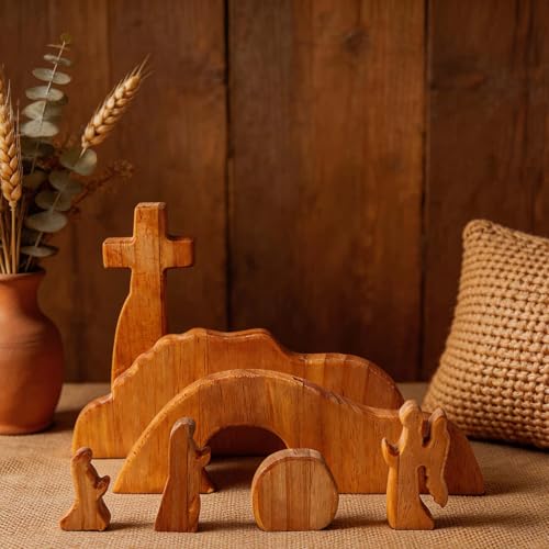 Empty Tomb Easter Scene and Christian Cross Decoration, Wooden Easter Resurrection Scene Cross Jesus Tomb Tray Set, Easter Decor for Religious Home Office Tabletop Christian Gifts