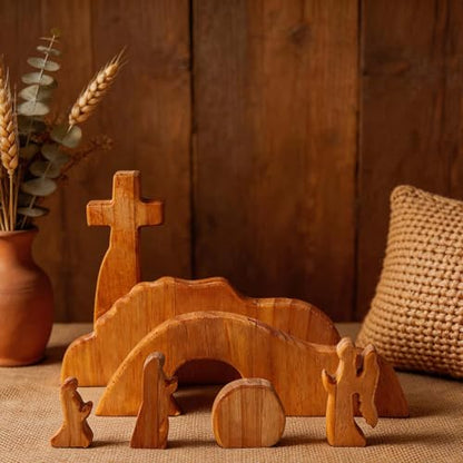 Empty Tomb Easter Scene and Christian Cross Decoration, Wooden Easter Resurrection Scene Cross Jesus Tomb Tray Set, Easter Decor for Religious Home Office Tabletop Christian Gifts