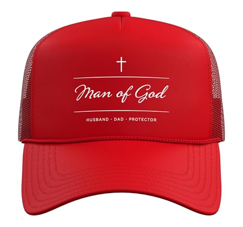 Father's Day Husband Dad Protector Christian Dad Man of God Trucker Hat with Adjustable Mesh Back - color: Red