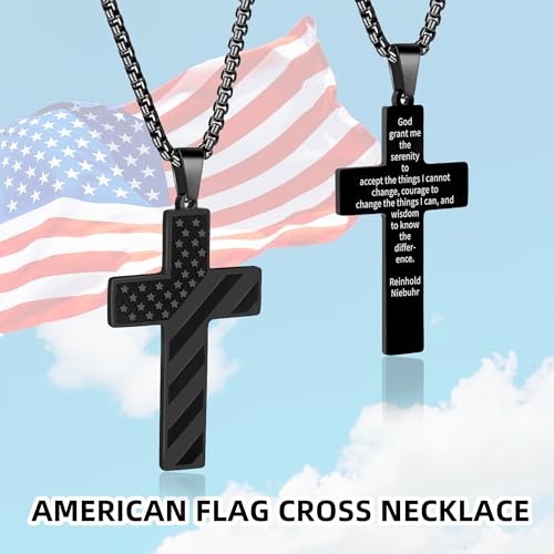 American Flag Cross Necklace for Men, Christian Confirmation Baptism Gifts - color: Black, style: Serenity Prayer