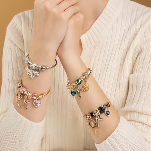 A&K Collections Mothers Day 18K Gold Beads Easter Basket Stuffers Bangle with Rhinestones Pandora Style Trendy Cross Heart Charm Luxury Adjustable Bracelet for Women Teen Girl Gifts Trendy Stuff Religious Jewelry - color: 18K GOLD/Green Charms