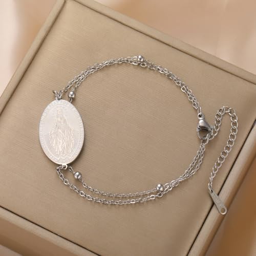 TEAMER Dainty Virgin Mary Rosary Bracelet Mother Mary Double Layer Beads Chain Bracelet Religious Faith Protection Jewelry For Women Men - color: Silver