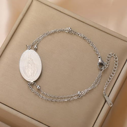 TEAMER Dainty Virgin Mary Rosary Bracelet Mother Mary Double Layer Beads Chain Bracelet Religious Faith Protection Jewelry For Women Men - color: Silver