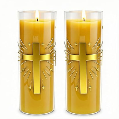 2 Pack 100% Pure Beeswax Pillar Candles in Glass Jar with Cross Design – Unscented, 80-Hour Long Burning, Dripless & Smokeless – Non-Toxic Candles for Prayer, Meditation & Religious Gifts
