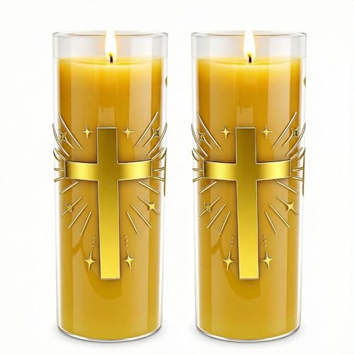 2 Pack 100% Pure Beeswax Pillar Candles in Glass Jar with Cross Design – Unscented, 80-Hour Long Burning, Dripless & Smokeless – Non-Toxic Candles for Prayer, Meditation & Religious Gifts
