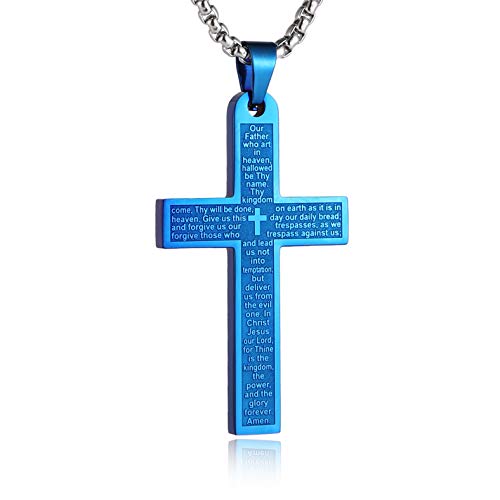 HZMAN Stainless Steel Cross Necklace for Men Women Lord's Prayer Pendant - color: Blue