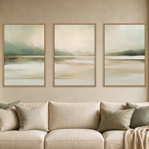 DRACIT Large Abstract Sage Green Landscape Framed Canvas Wall Art-16"x24"x3 - color: Abstract Sage Green Pastel Wall Art, size: 16"L x 24"W