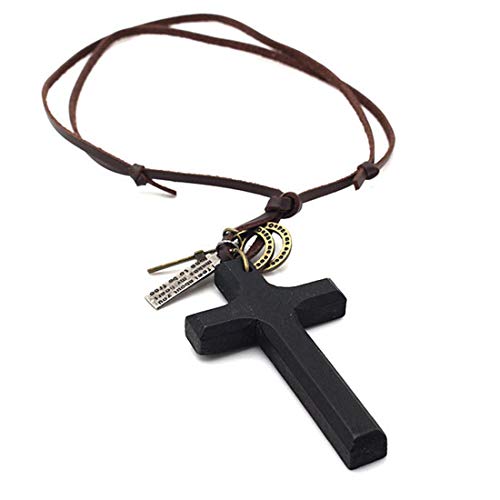 LNKRE JEWELRY Cross Necklace for Men with Leather Chain Vintage Look Wood Necklace - color: Black