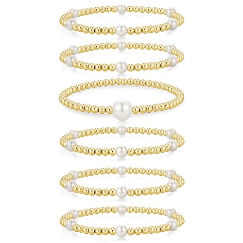 Yoosteel Gold Beaded Bracelets for Women Teen Girls, Gold Plated Jewelry - color: Bead (4mm) + Pearl (6/10mm) - 6pcs