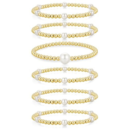 Yoosteel Gold Beaded Bracelets for Women Teen Girls, Gold Plated Jewelry - color: Bead (4mm) + Pearl (6/10mm) - 6pcs