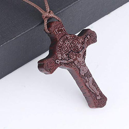 COTTVOTT Wood Orthodox Cross Pendant Necklace Christian Crucifix Necklace Prayer Jesus for Women Men - style: F-Red Color