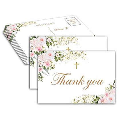 Baptism Thank You Post Cards, Boho Blush Pink Floral Baby Shower Thank You Card, Greenery 1st Communion Religious Christening Ceremony Celebration, Gender Reveal Party Decorations - A04(25 Pack) - style: Boho Blush Pink Floral