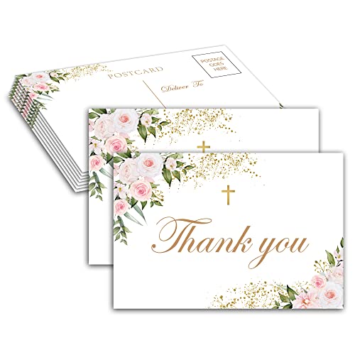 Baptism Thank You Post Cards, Boho Blush Pink Floral Baby Shower Thank You Card, Greenery 1st Communion Religious Christening Ceremony Celebration, Gender Reveal Party Decorations - A04(25 Pack) - style: Boho Blush Pink Floral