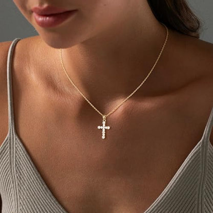 Cross Necklace For Women,14K Gold Plated Small Dainty Colorful Beaded Cubic Zirconia Diamond Double Layered Cross Pendant Choker Necklaces For Women,Christian Easter Religious Jewelry Gifts - style: Round CZ Cross-Gold