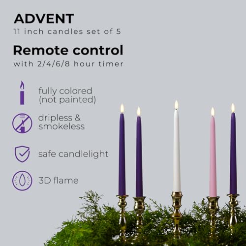 Stmarry Flameless Advent Candles, Set of 5 - Flickering LED Flame, 11 Inch Taper Candlesticks, Remote Controlled - 3 Purple, 1 Pink, 1 White for Christmas Wreath - color: Purple, Pink and White