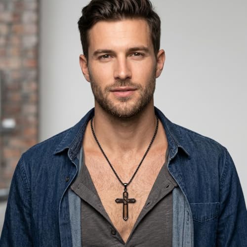 Cross Necklace for Men 925 Sterling Silver Cross Ebony Wooden Ankh Raven Praying Hands Crucifix Amulet Religious Jewelry Gifts for Men Women - color: Cross9