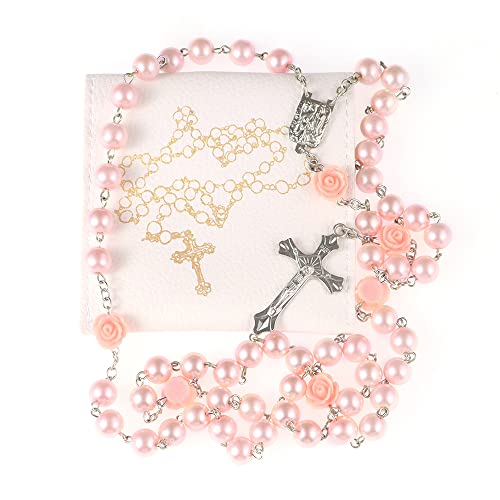 Rosary Beads for Women With Box, Blue Crystal Catholic Necklace, Last Supper Vintage Jewelry Box, Anglican Prayer Beads Christian Gifts - color: Pink Rose + Rosary Punch