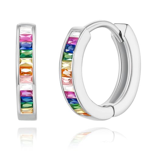 14K Gold Huggie Earrings for Women Silver Huggie Hoop Earrings Cubic Zirconia Huggie Earrings Stud Earrings Lightweight Dainty Hypoallergenic Earrings Jewelry Gifts - color: Silver Rainbow CZ Huggies