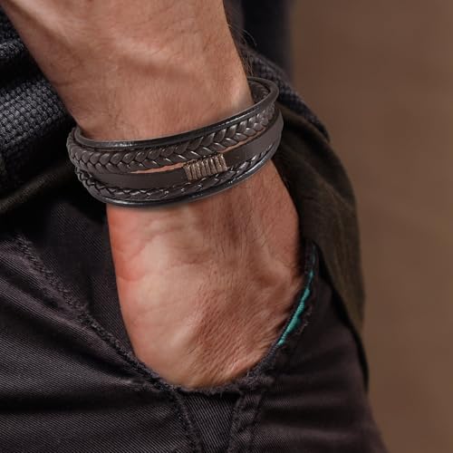 Leather Bracelet for Men Braided Stainless Steel Mens Bracelets - color: Brown-SilverBuckle