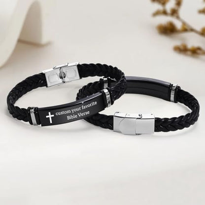 Leather Bracelet Sobriety Gifts for Men : Inspirational Quote/Bible Verse Engraved Braided Black Mens Bracelet for Him, Customized Religious Christian Gift Jewelry for Son/Dad/Boys/Boyfriend/Husband - style: 01:custom text