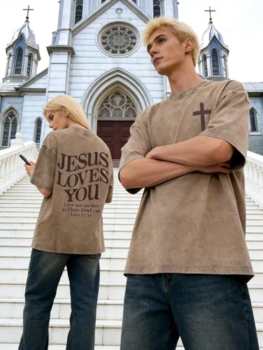 Christian Shirt for Men Jesus Loves You Shirt Oversized Acid Wash Tops - color: Apricot, size: XX-Large