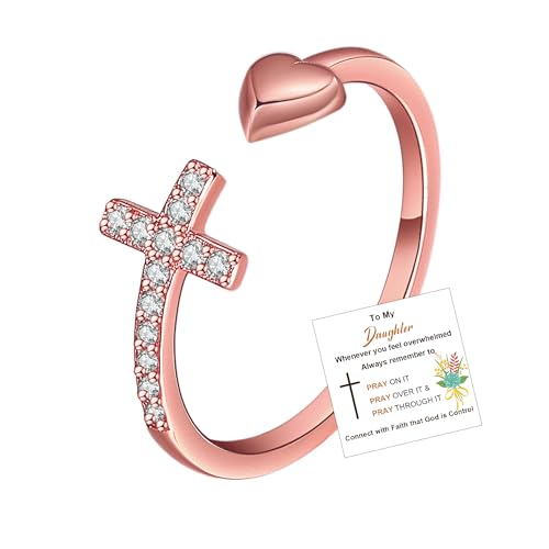 Christian Gifts S925 Sterling Silver Cross Ring for Daughter Women Cubic Zirconia Adjustable Ring Christian Pray Cross Thumb Rings With Inspirational Card - color: Style 2,Pink
