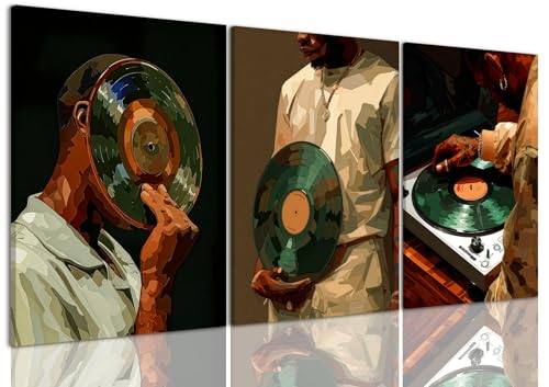 AOYUSMO 3 Piece African American Wall Art Black Men Wall Decor Fashion Music Pictures Record Canvas Art Music Studio Paintings Modern Trendy Artwork For Living Room Bedroom 12"x16" - color: Record White, size: 12x16in