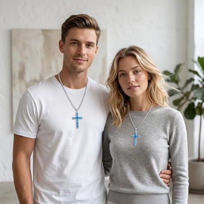 MRENITE Silver Natural Stone Cross Necklace, Classic Latin Cross Pendant Necklace for Unisex Women Man, Vintage Crystal Quartz Cross Necklace with 20+2 Inches Adjustable Cuban Chain - style: Blue Opal
