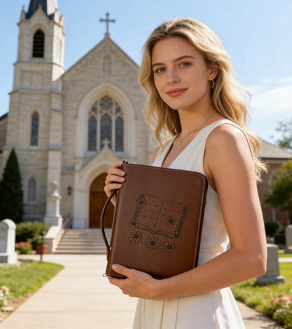AKONEGE Bible Cover with Handle & Shoulder Strap for Women Girls, Brown - color: Brown