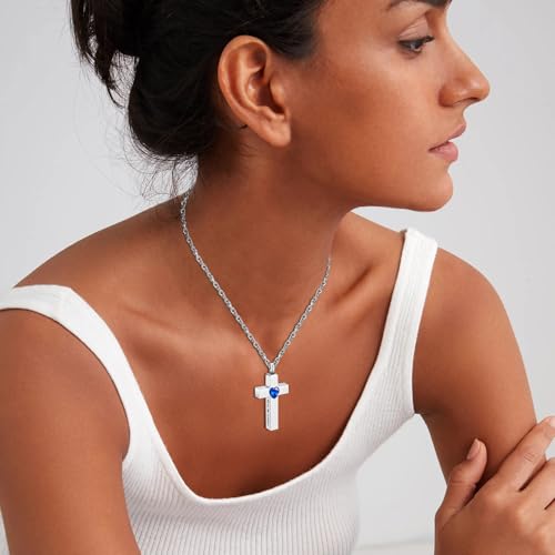 Cremation Cross Necklace for Ashes Stainless Steel Cross Urn Pendant Ashes Holder Memorial Jewelry-With Me Always - style: Blue Heart