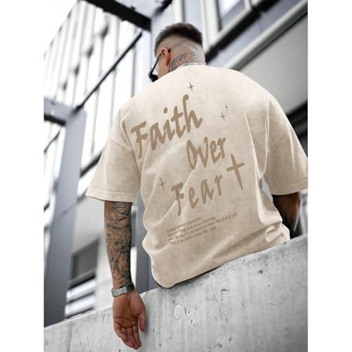 Christian Shirts for Men Faith Over Fear Acid Wash Tshirts Faith Religious Tees God Bible Verse Inspirational Tops - color: Apricot, size: XX-Large