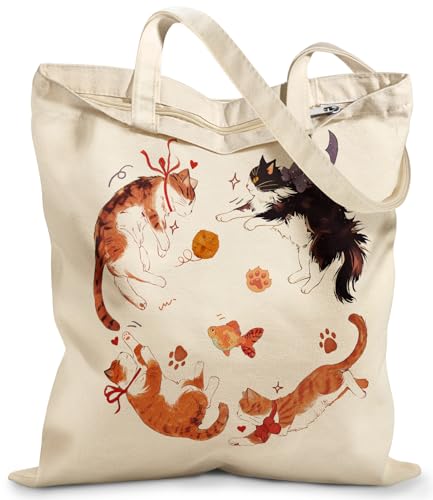 Miss Adola Canvas Tote Bag with Zipper for Women - color: Four Cats