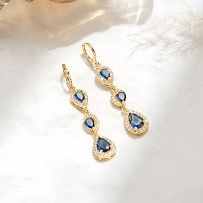 18K Gold Plated, Dangle Earrings for Women, Flower/Heart Drop earrings, Hypoallergenic Cubic Zirconia Earrings, Lightweight, Party, gold earrings, Jewelry for Gifts, Fashion - style: 0354-Navy