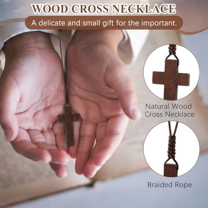Ecation Wood Cross Necklace Bulk for Men Women Christian Gift Bible Verse Party Favor Cross Pendant Crucifix