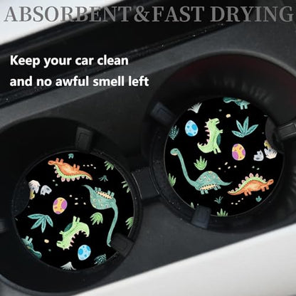 2 Packs Car Coasters for Cup Holders,Keep Cup Holders Clean and Dry,Drink Cup Car Holder Coasters with A Finger Notch,2.75in/7cm,Automotive Cup Holder Cute Dinosaur Graffiti Accessories for Women Men - color: Dinosaur Graffiti