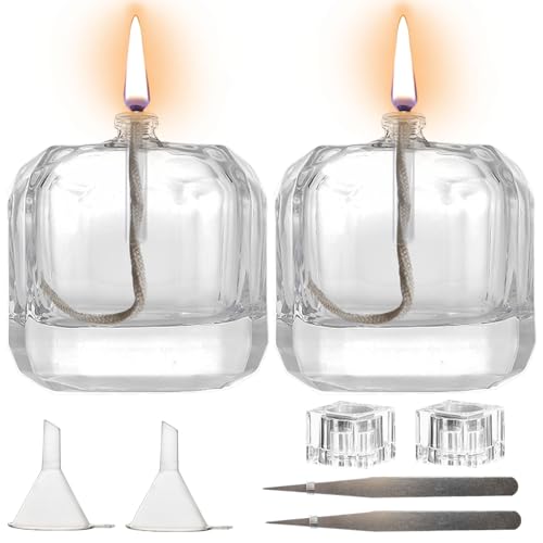 2Pcs Small Refillable Clear Glass Oil Lamp Unscented Candles for Fine Dining | Restaurants or Home Cotton Wick and Holder Included - color: Polygon/2pcs