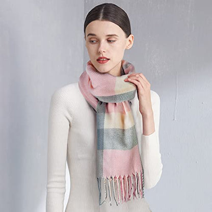 Loritta Winter Scarf for Women, Long Plaid Shawl Wraps Scarves Gifts - color: P-pink Beige Grey Lattice