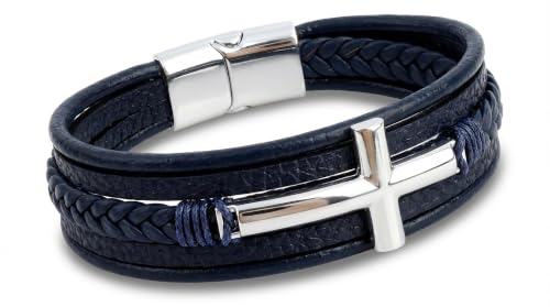 Stainless Steel Braided Leather Bracelet for Men Cuff Bangle Cross - color: Blue&Silver