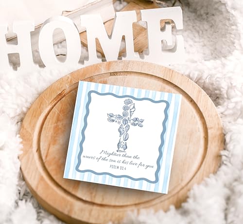SRADMO Coastal Beach Seashell Cross Christian Wood Box Sign Desk Decor, Psalm 93:4 Bible Verse Religious Ocean Theme Wooden Block Box Sign Decoration for Church Home Office Shelf Table Decor