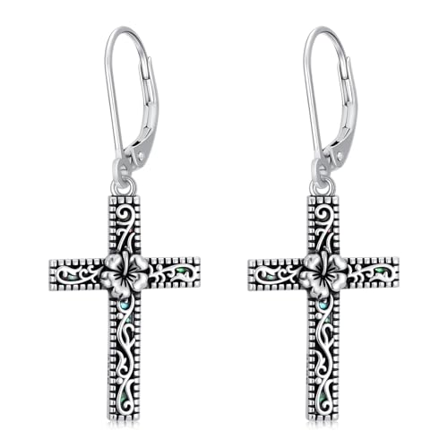 925 Sterling Silver Sunflower/Rose/Plumeria/Hibiscus/Mushroom Cross Earrings for Women Hawaiian Flower/Butterfly Cross Dangle Drop Earrings Jewelry Faith Christian Gift for Her Daughter Wife Girlfriend - style: Hibiscus