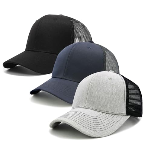 Men's Trucker Hats 3 Pack, Structured Mesh Baseball Cap with Adjustable Snapback, Classic Outdoor Hat for Men - color: Black/Navy/Grey