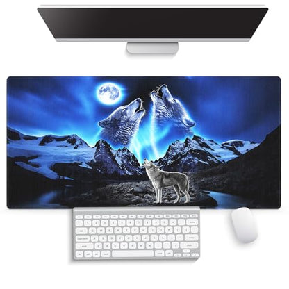 Howling Wolf Full Moon Large Mouse Pad, Great Snowy Mountain Blue Desk Mat - color: Blue and Black
