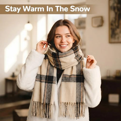 Loritta Winter Scarf for Women, Long Plaid Shawl Wraps Scarves Gifts - color: U-beige Black Striped Lattice