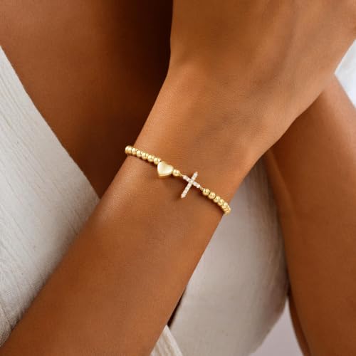 Turandoss Gold Cross Bracelet for Women Heart Beaded Bracelet Faith Jewelry - color: CZ Cross Bracelet