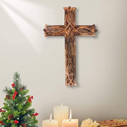 KSJONE Handmade Antique Design Rustic Look Wooden Wall Hanging Cross Decorative Religious Altar Spiritual Art Sculpture Home Living Room Décor Accessory for Christmas and Other Occasions (10 Inch) - size: 10"L x 6.5"W