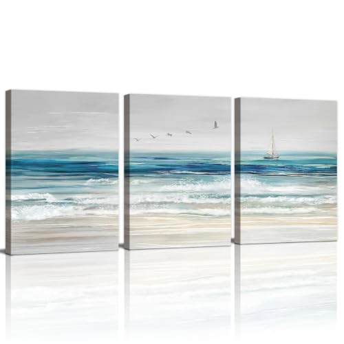 WENGTIAO 3Pcs Abstract Blue Beach Ocean Canvas Wall Art Paintings 12"x16" - color: Abstract Blue Ocean, size: 12"x16"x3Pcs